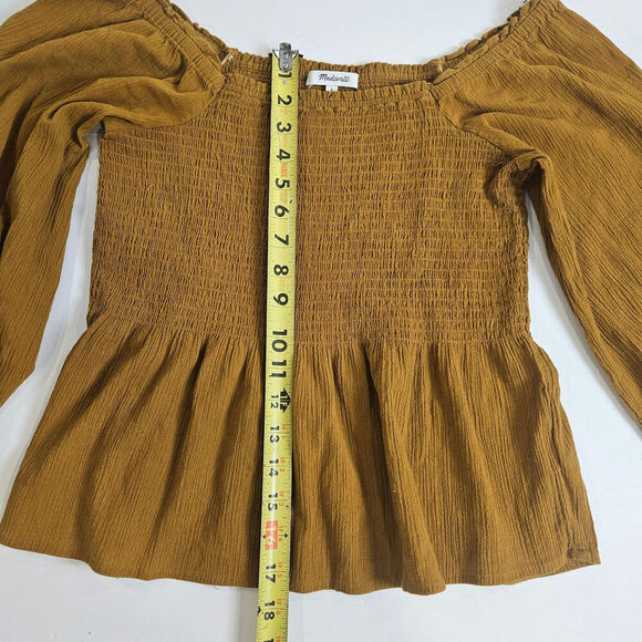 Madewell Lucie Smocked Peplum Top Mustard Brown size 2 - Picture 4 of 6